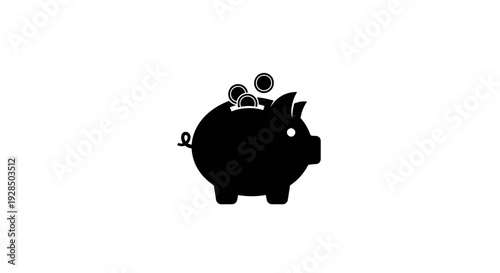 Cute Black Piggy Bank with Coins and Key on White Background