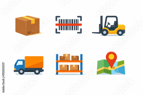 Logistics icons: box, barcode, forklift, truck, warehouse, map pin for delivery services