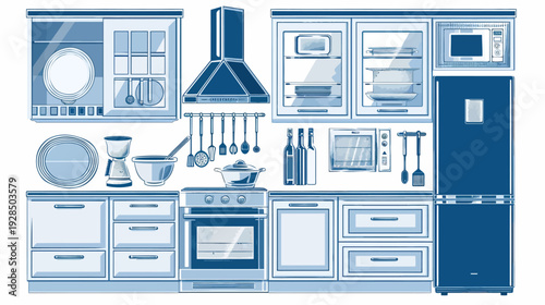 A detailed illustration of kitchen interior featuring various appliances and cooking utensils