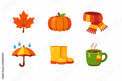 Autumn essentials: leaves, pumpkin, scarf, umbrella, boots, tea icon set