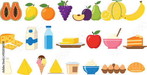 Food and dairy products collection with fruits, cheese, milk, desserts and bakery flat vector illustration set
