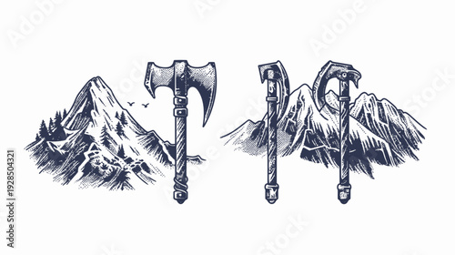 A detailed ink illustration features mountains with tools, possibly an axe and climbing tools