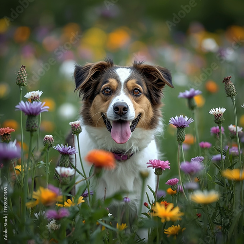 Happy Dog Amidst Colorful Flowers in a Meadow