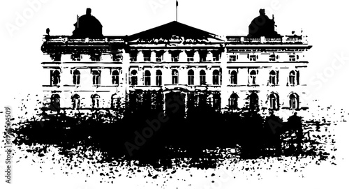 Stencil style high contrast bank building facade design for posters and cards