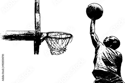 Dynamic basketball dunk silhouette in high contrast stencil style