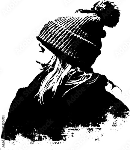 Abstract grunge stencil of a beanie pom with seam style for design and print