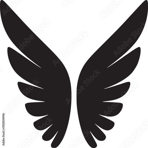 Elegant black angel wings spread wide open against a clean white background, heavenly and ethereal