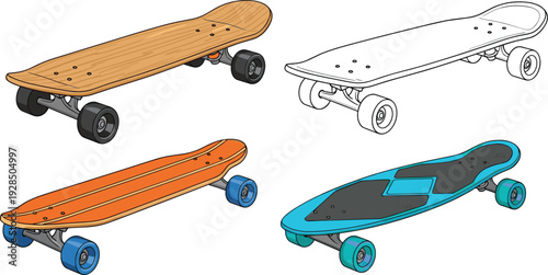 Longboard skateboard collection with wooden cruiser electric board and modern street design vector illustration set