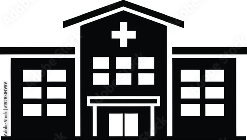 Simple black and white hospital building icon