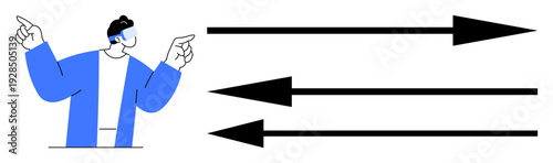 Decision making concept. A man gestures while arrows point in opposite directions, choices and contrasting paths. Decision making reflects multiple pathways or alternatives. Use in navigation