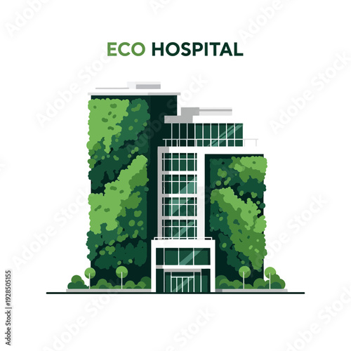 Architectural Illustration: Modern Eco-Friendly Hospital Building with Lush Green Walls and Clean