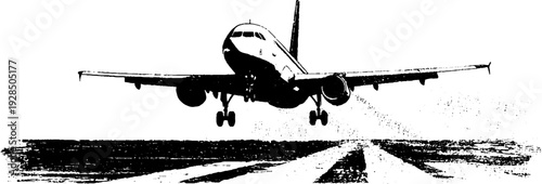Airplane landing in high contrast stencil style for travel and aviation themes