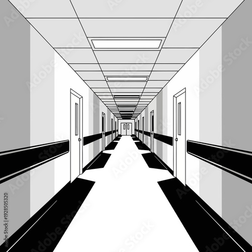 Architectural Perspective Of A Hospital Corridor With Doors and Handrails in Monochromatic Style