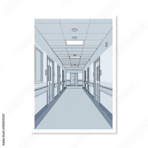 Architectural Perspective Of A Hospital Corridor With Doors and Illumination Details