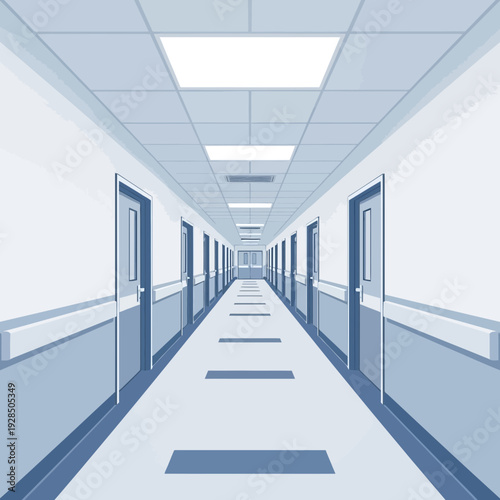 Architectural Perspective Of A Hospital Corridor With Sterile Doors And Dim Lighting Details