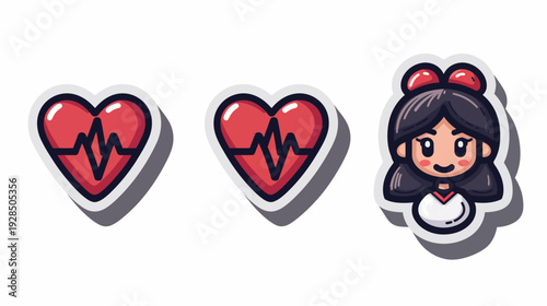 A collection featuring two heart symbols with a heart rate pulse and a cute female health worker