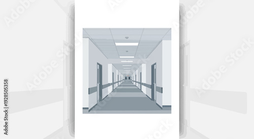 Architectural Perspective Of A Long Corridor In Modern Hospital or Clinic Building