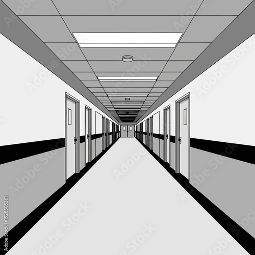 Architectural Perspective Of A Long Corridor With Numerous Doors And Geometric Ceiling Design