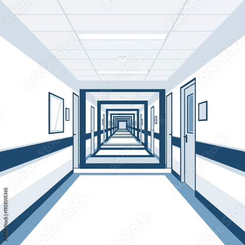 Architectural Perspective Of A Long Empty Corridor With Blue Accents And Receding Doors