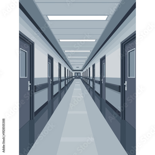 Architectural Perspective Of A Long Corridor With Several Doors And Overhead Lighting