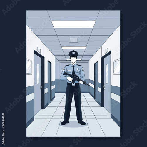 Armed Security Personnel Stands Guard in Hospital Corridor, Ensuring Order and Protection.