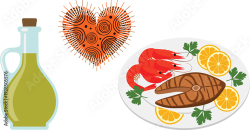 Mediterranean seafood dish with grilled fish shrimp olive oil and lemon vector illustration