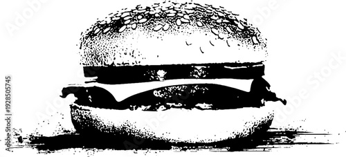 High contrast stencil style burger with sesame bun for retro design and print