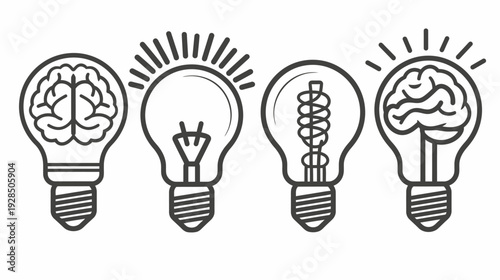Four lightbulb illustrations, with brains and filaments, symbolizing intelligence and ideas