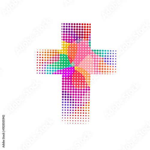 Multicolored cross made of dots. Happy Easter. Hand drawn. Not AI, vector illustration.