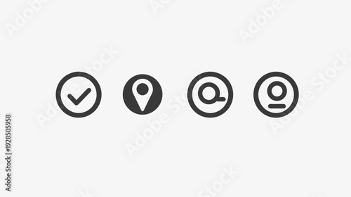 Four circular icons representing check, location, email, and user profile on a plain, light background