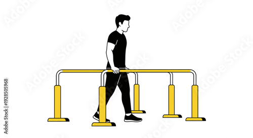 Athlete Performing Gymnastics Exercise on Parallel Bars, Black and White Vector Illustration
