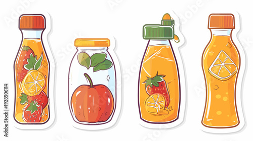 Four stylized bottles or jars, filled with orange liquid and fruits