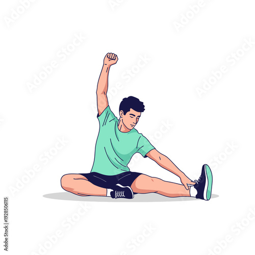 Athletic Man Engaged in Floor Exercise Demonstrates Flexibility, Reaching Towards His Foot