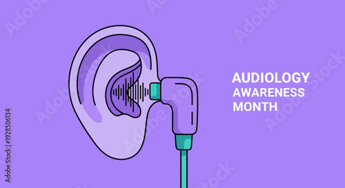 Audiology Awareness Month Illustration Featuring an Ear and Headphones on a Purple Background