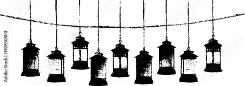 Camp lanterns with wire guards in high contrast stencil art style for design and decor