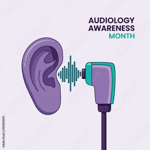 Audiology Awareness Month: Illustration of Ear, Sound Waves, and Audiometry Equipment