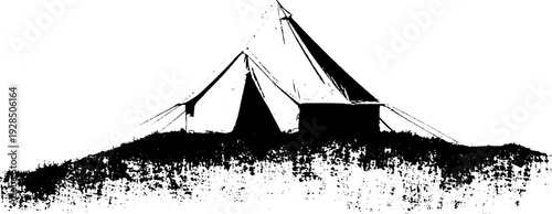 Abstract stencil art of camper pitching a tent in high contrast design for outdoors enthusiasts