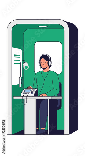 Audiology Clinic Illustration: Young Person Undergoing Hearing Test Inside Modern Soundproof Booth