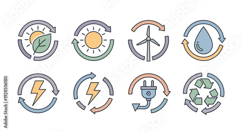 Renewable energy sources icons set. Ecology and environment concept.