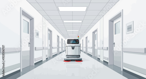 Automated Hospital Cleaning Robot Navigating a Sterile White Corridor Environment