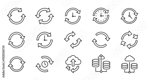 Synchronization Icons Set: Data, Cloud, Time, Arrows