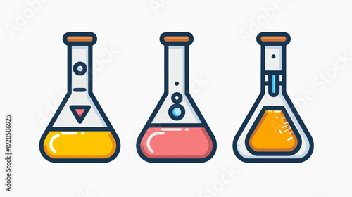 Three colorful stylized laboratory flasks with different liquid colors and internal designs