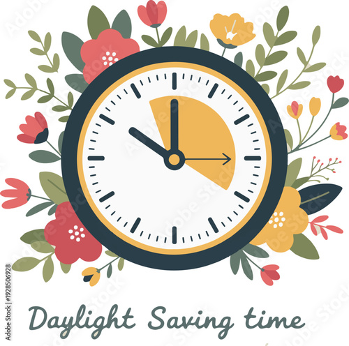 Clock and spring flowers wreath around. Poster "Spring Forward" about reminder to change clocks. Forward daylight saving time starts.Daylight saving time.Spring time concept.