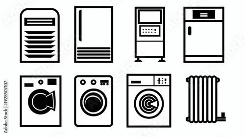 Eight various home appliances represented with bold, black and white line illustrations
