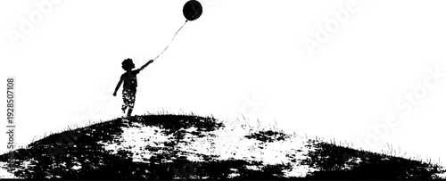 Whimsical childhood adventure on hill with balloon silhouette in stencil style for art and design