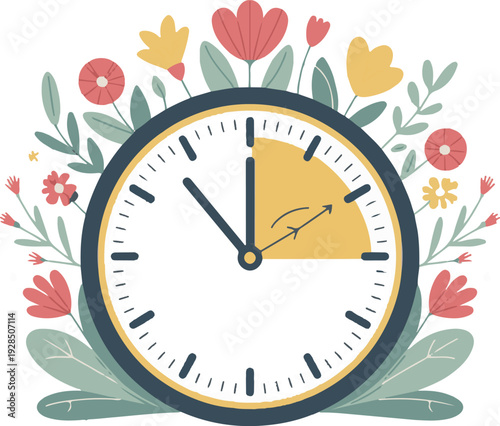 Spring forward daylight saving time concept with colorful flowers and clock