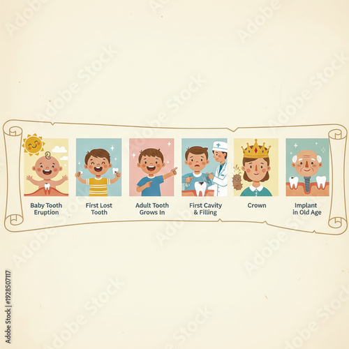 Vector illustration set showing the stages of teeth: baby tooth eruption, losing first tooth, adult tooth growth, cavity, crown, and implant.. Vector illustration