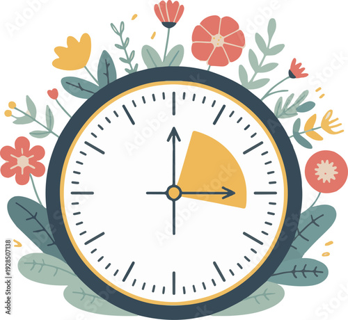 Spring forward alarm clock illustration with floral wreath for daylight saving time.