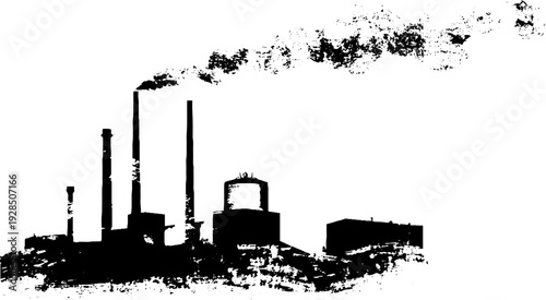 Industrial skyline in stencil style with smoke plume - abstract high contrast design for posters