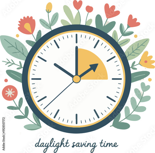 Daylight Saving Time. The clock turns one hour. Spring forward concept banner with floral elements. 